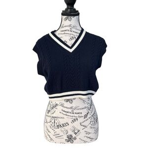 Sunday Best Aritzia Cropped Cable Knit Sweater Vest Preppy Varsity Navy XS